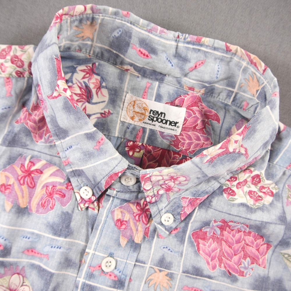 Vintage 80's Reyn Spooner Reverse Floral Geometric Hawaiian Print Men Shirt L